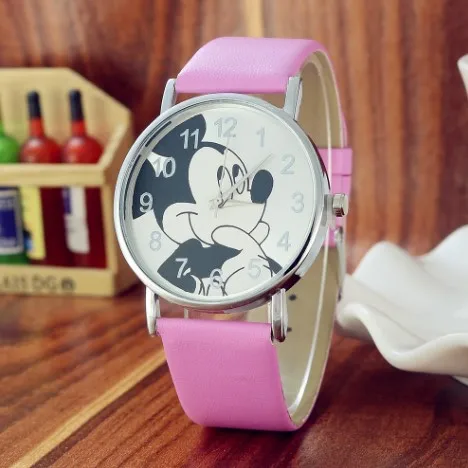 pink Reloj infantil новые детские часы женские модные повседневные студенческие часы с Микки Маусом для девочек и мальчиков детские часы кожаные кварцевые наручные часы - Цвет: pink