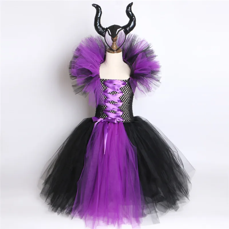 Maleficent/платье-пачка «злая королева» костюм «злая ведьма» с рожками для маленьких девочек Детские вечерние платья на Хэллоуин; вечерние платья; реквизит для фотосессии - Цвет: A