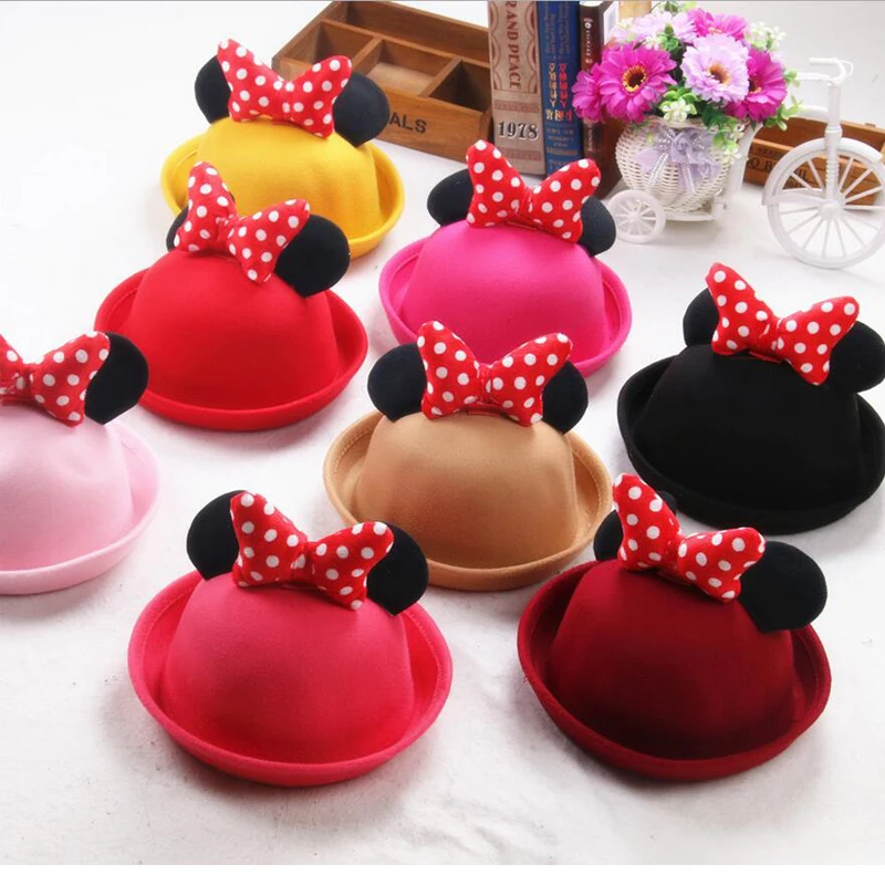 Мода Мультфильм Микки Шляпа Для Детей Бантом Шерстяного Войлока Fedora Шляпу Милый