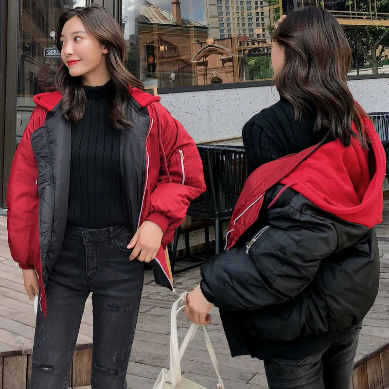 Black And Red Корейский стиль, модная зимняя женская куртка с капюшоном, двухсторонняя, с хлопковой подкладкой, женская верхняя одежда, парка, Ovesized пальто - Цвет: Black And Red