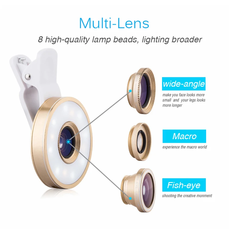 Универсальный комплект объективов рыбий глаз с зажимом светодиодное освещение 6