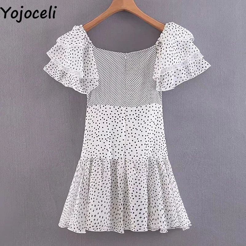 Yojoceli, сексуальное короткое платье в горошек с рюшами, вечерние, мини, элегантное платье для клуба, женское, летнее, женское, шикарное, крутое, уличное платье, vestidos