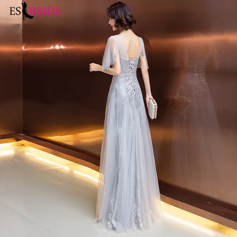 Кружевные вечерние платья Длинные 2019 серый фон размера плюс с О-образным вырезом