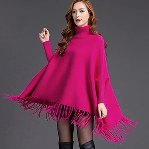 Rose Red Зимний женский теплый кашемировый однотонный пончо с кисточками, роскошный женский плащ, пальто, мягкие вязаные женские пальто, женские накидки - Цвет: Rose Red