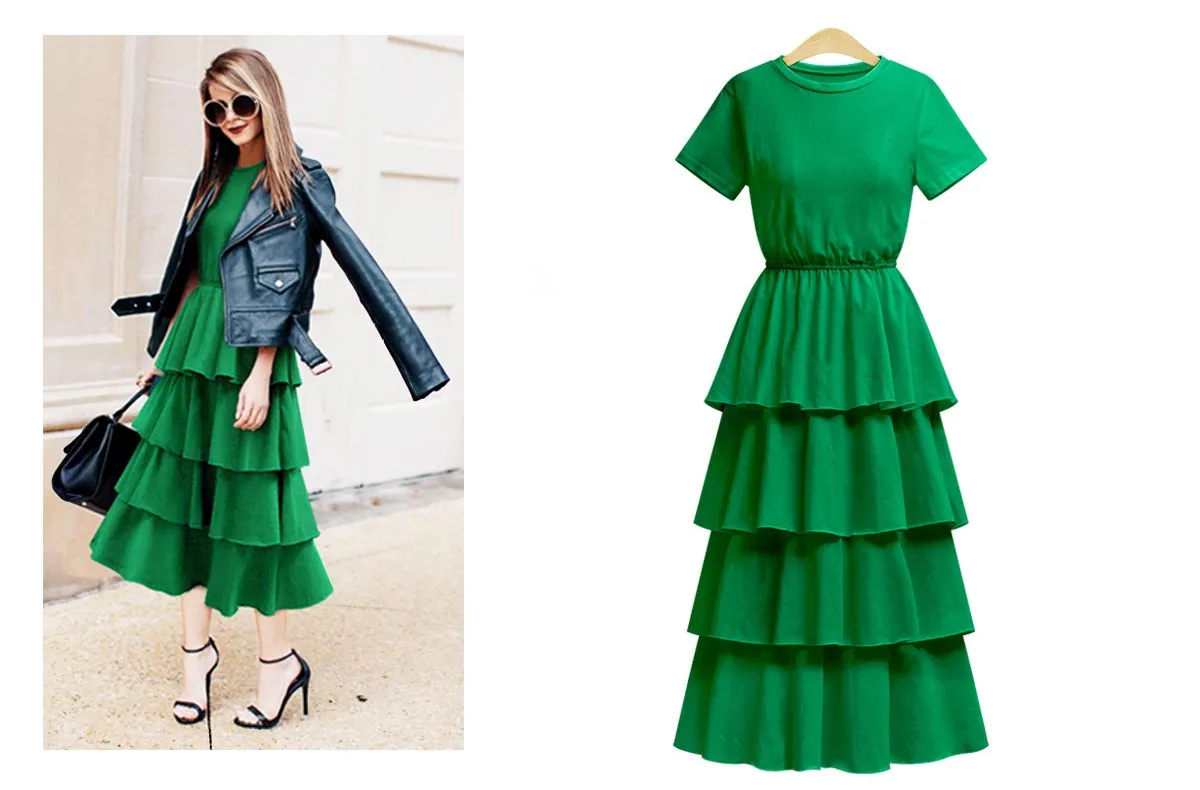 Новое модное платье однотонное до середины икры элегантные многослойные платья