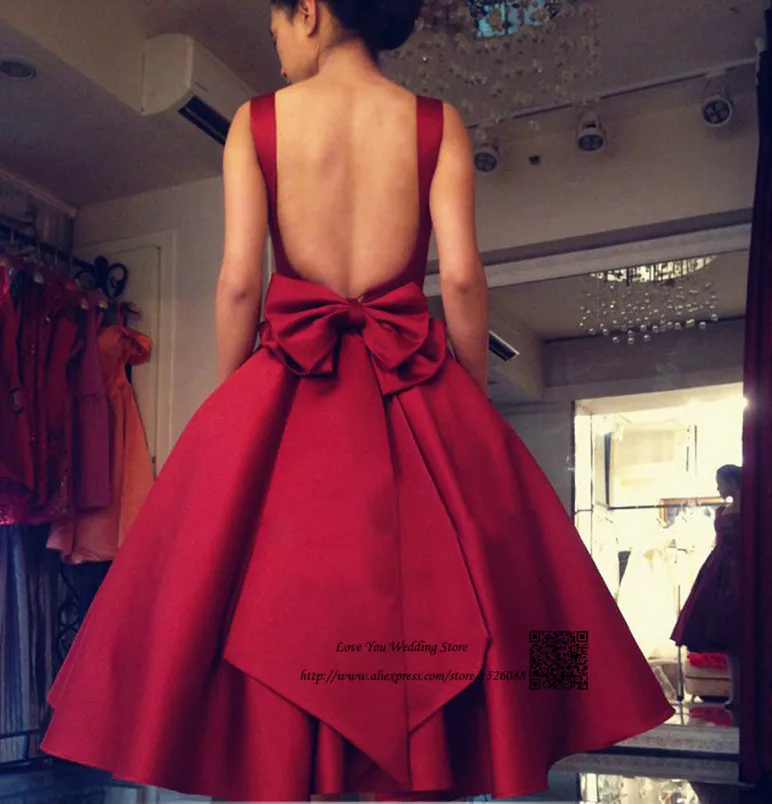 Burgundy Evening Dresses 2016 Short Prom Dress Backless Bow Satin Tea Length Imported Party Square Vestido de Festa Curto | Свадьбы и