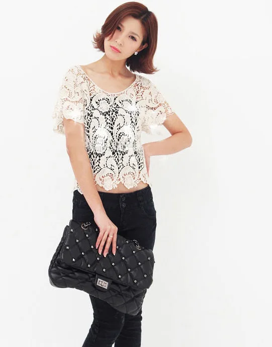 Новая модная женская хлопковая вязанная крючком Ажурная блуза с коротким
