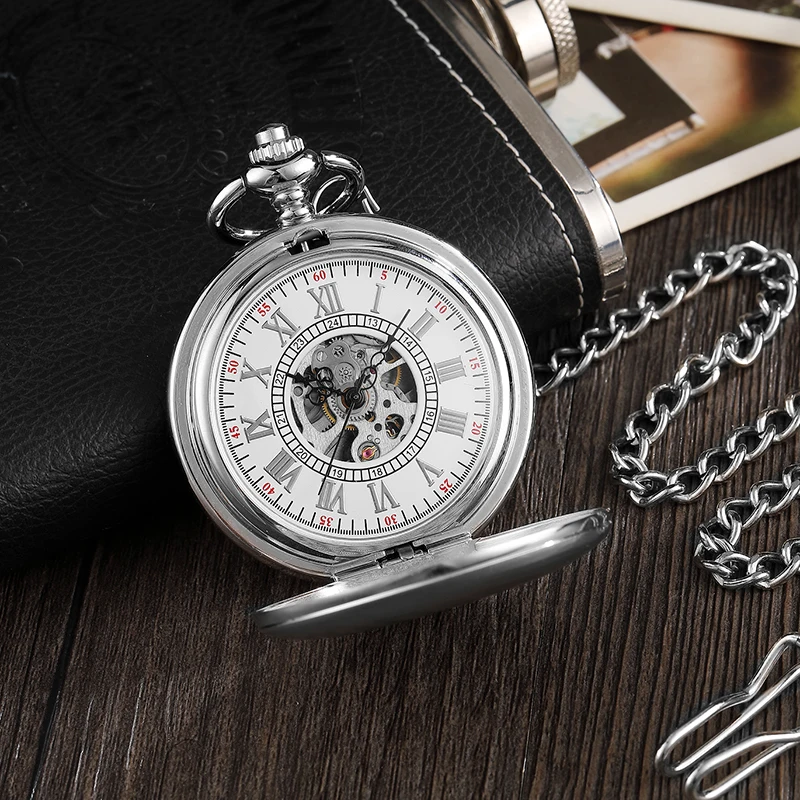 Silver Steel Smooth Case Hand-winding Mechanical Pocket Watch Roman Numerals Dial Fob Chain Watch Men Women Pendent Steampunk