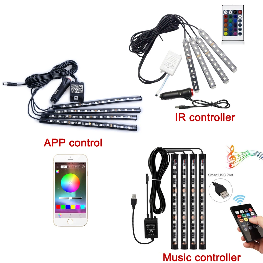 4 шт 12V светильник салона RGB Светодиодные ленты лента 5v 12 v музыки/ИК/приложение Управление Авто декоративная Гибкая комплект противотуманных фар неоновый шнур