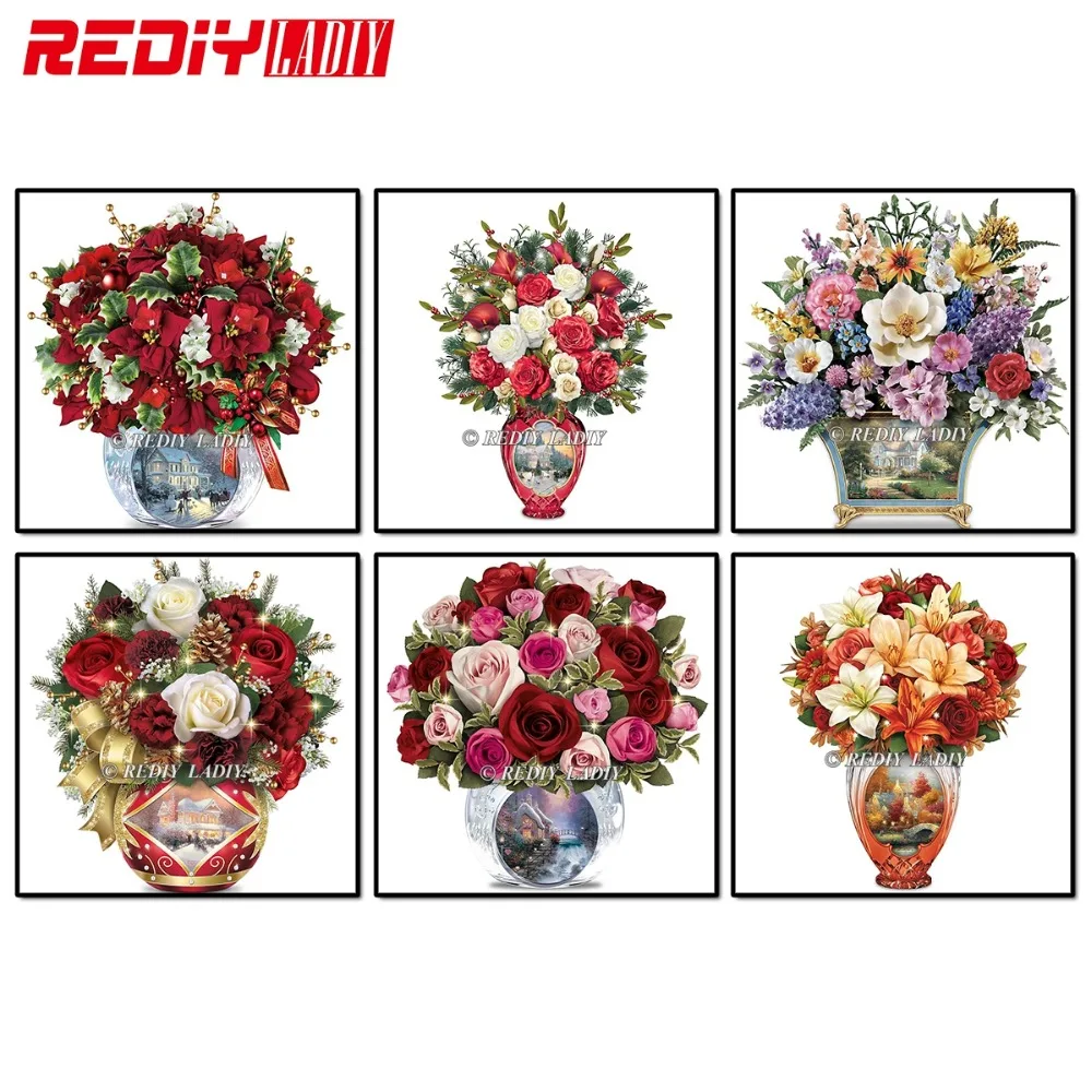 

REDIY LADIY Diamond Painting Cross Stitch Floral & Vase Crystal Needlework Diamond Embroidery Full Diamond Christmas Decorative