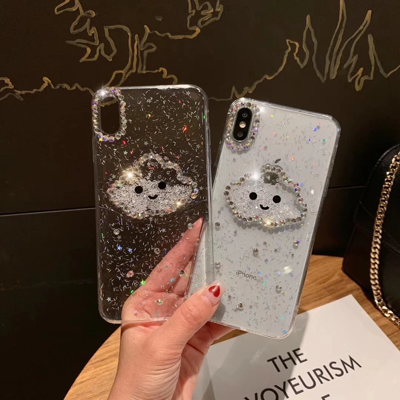 Glitter Powder Smile Face Clouds Phone Case For iPhone XS Max XR 6 6s 7 8 Plus X Diamond Soft TPU Dynamic Beads Cover |