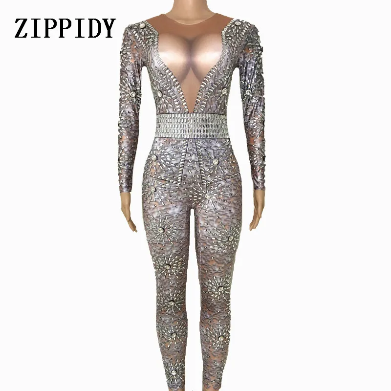 Sparkly Glass Crystals Jumpsuit Women's sexy Gray Leggings Bodysuit Costume Dance Stage Wear Female Singer Big Stretch Outfit