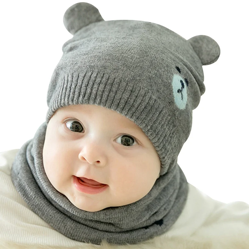 Cartoon Baby Hat Scarf Set Spring Cotton Beanie For Girls Cute Bear Soft Newborn Boys Clothing | Детская одежда и обувь