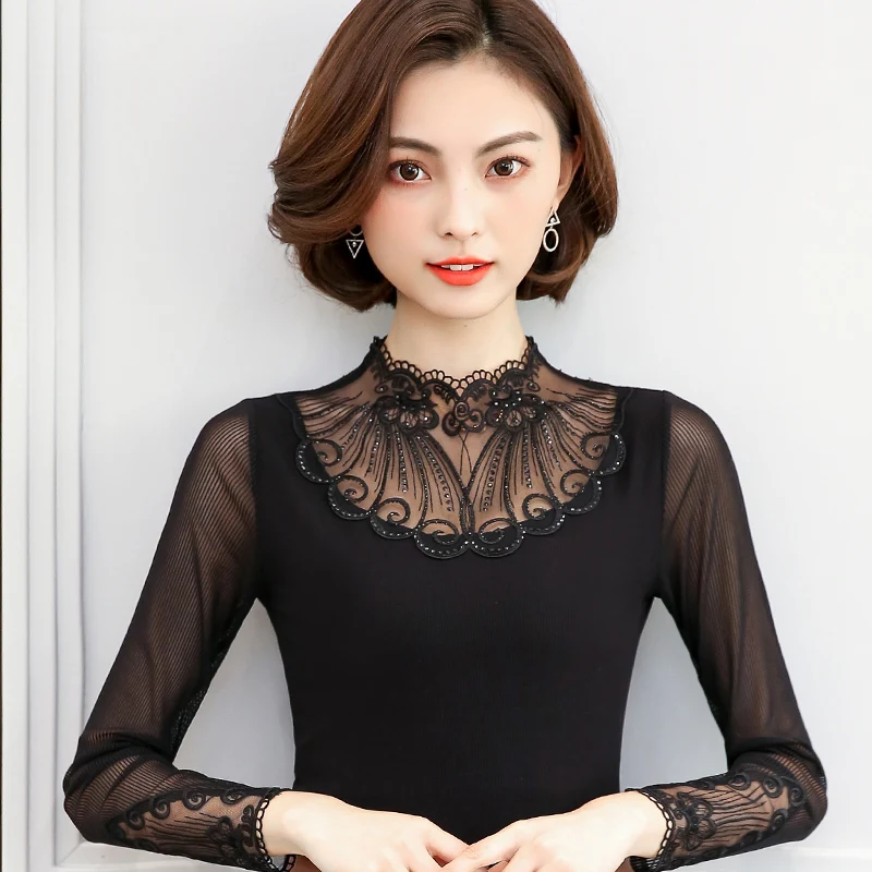 DHfinery women spring autumn wild hollow lace collar long sleeve Openwork embroidery flowers black Tops 8521