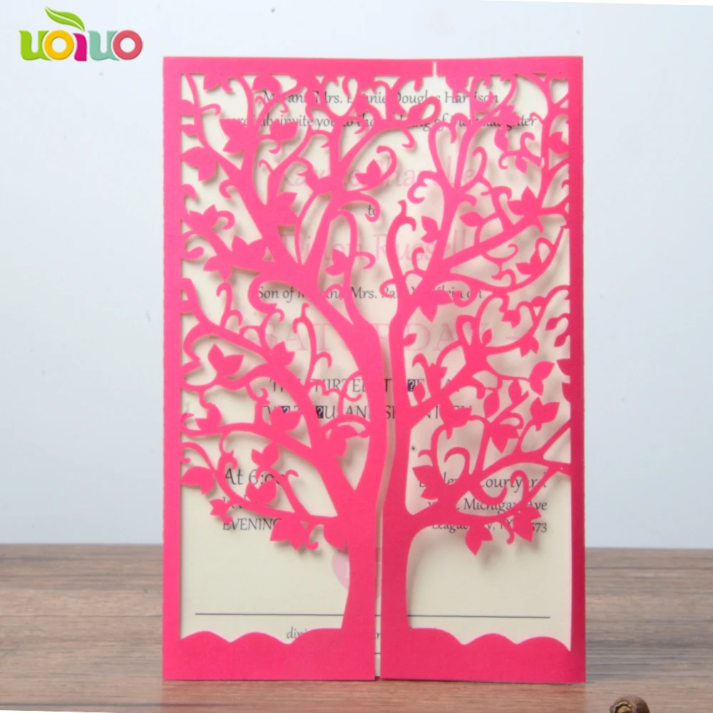 2018 hot sell blush laser cut 3d love tree invitations engraved lace hollow wedding invitation card from china