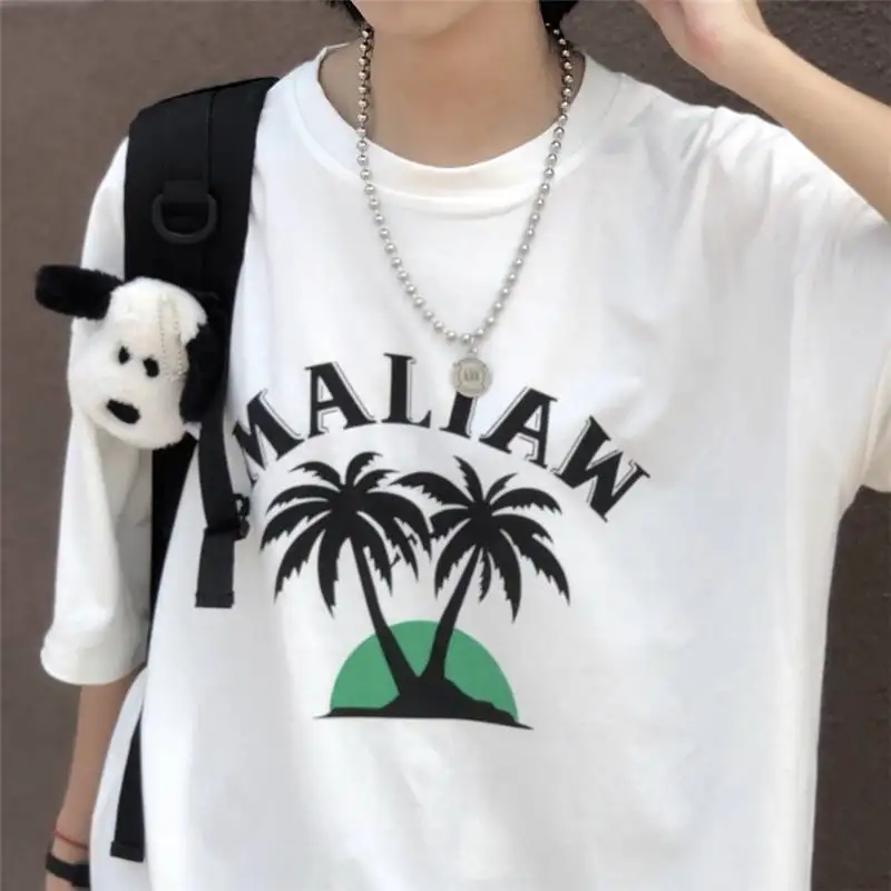 Nwe Beach Style Coconut Tree White Women T-Shirt Soft Polyester Printed Casual Outdoor Girl Tee Short Lady Female Tops Tshirts | Женская