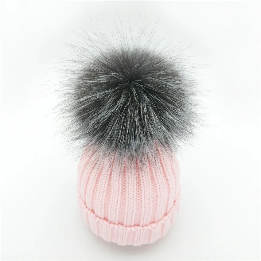 pink Minhui/Новинка; зимние шапки для детей; Skullies Beanies для девочек; шапка с помпонами из натурального меха серебристой лисы; шапка для девочек; плотная шапка - Цвет: pink
