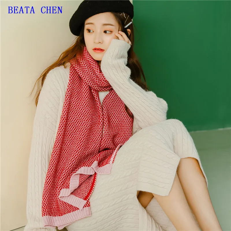 Beata Chen Осень Зима Женский вязаный шарф геометрический соответствия теплый
