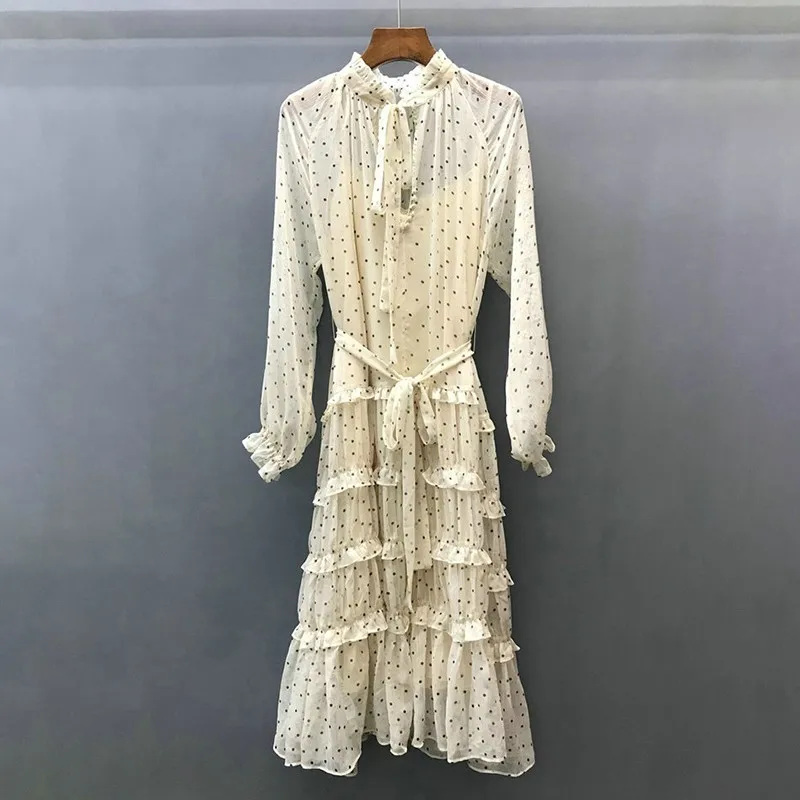 apricot TWOTWINSTYLE, винтажное женское платье в горошек с оборками, с круглым вырезом, с длинным рукавом, повязки, перспективное, миди платья для женщин,, модная новинка - Цвет: apricot