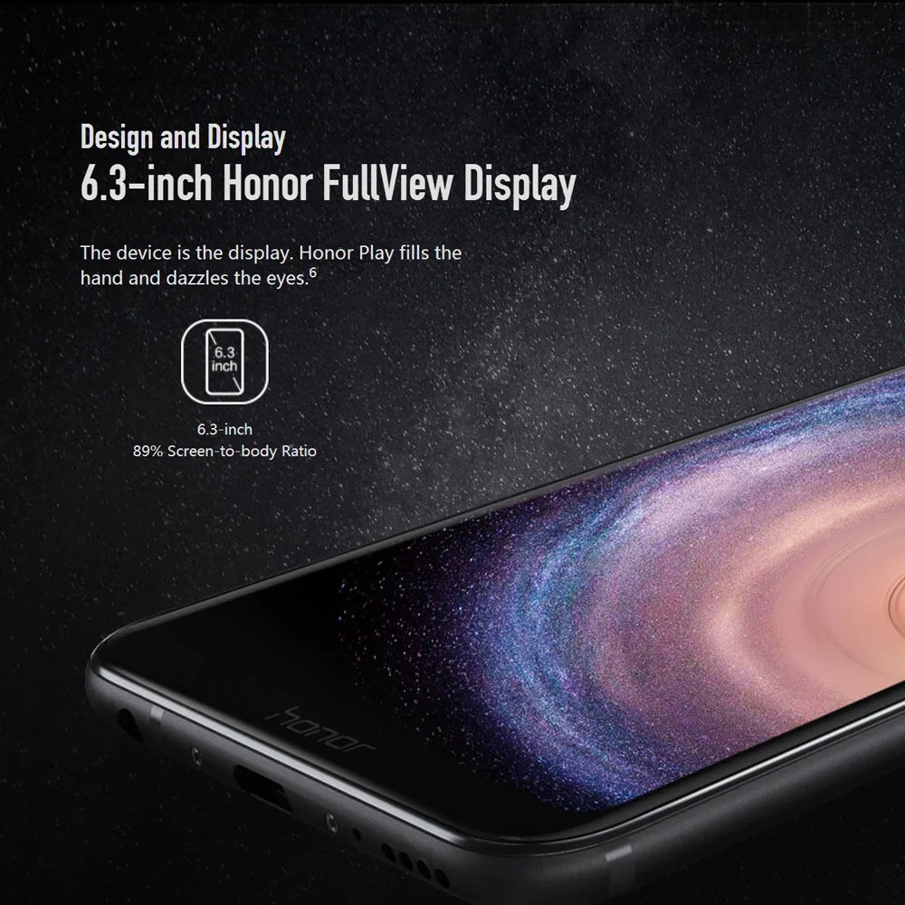 Глобальная версия Honor Play 6,3 дюймов 4 Гб+ 64 Гб Kirin 970 Восьмиядерный Android 8,1 16 МП AI Face ID NFC 3750 мАч разблокированный смартфон