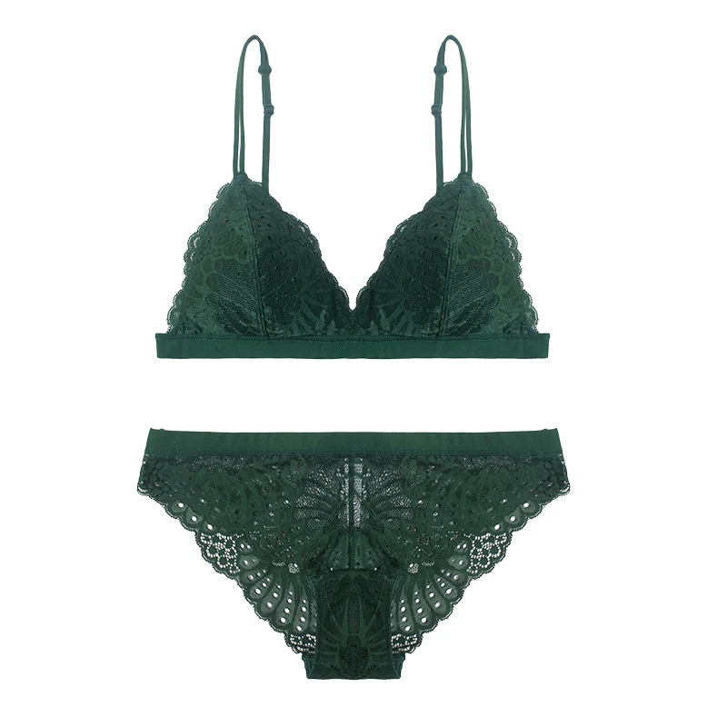 French Lace Underwear Thin Padded Push Up Bralette Translucent Sexy Pantie Small Boobs Comfortable Female Lingerie Wireless Cami