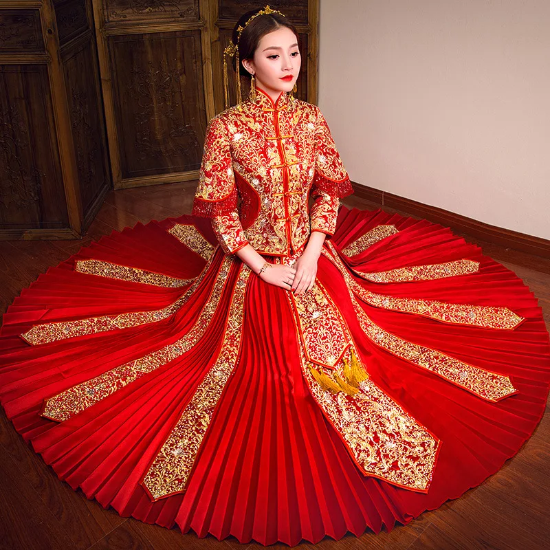 Восточное китайское традиционное свадебное платье для женщин с вышивкой Феникс