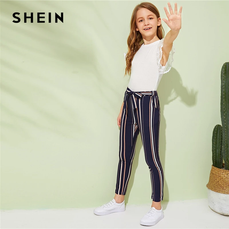 SHEIN/университетские леггинсы в полоску с поясом для девочек; коллекция года; сезон весна; Модная одежда для активного отдыха; брюки; повседневные штаны; детская одежда для девочек