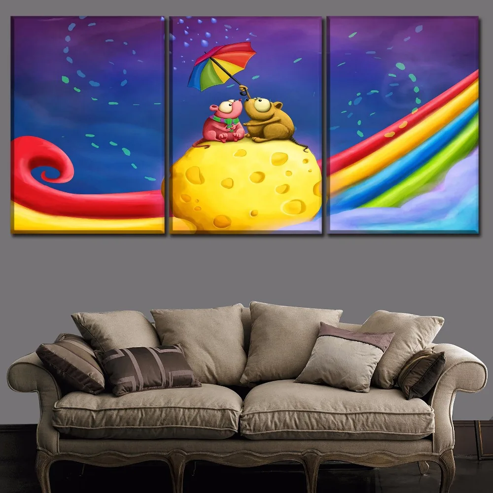 Модульная картина для детской комнаты модный постер 3 панели на сыре и радужной
