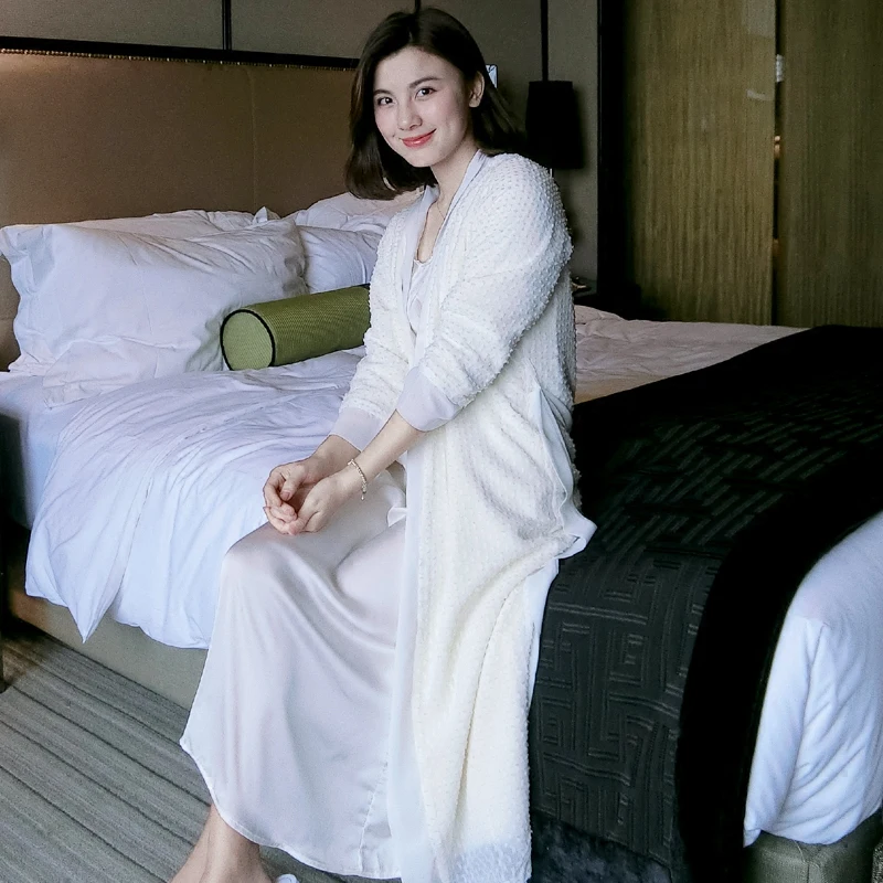 Женский комплект из 2 предметов шелковый Элегантный длинный халат кораллового