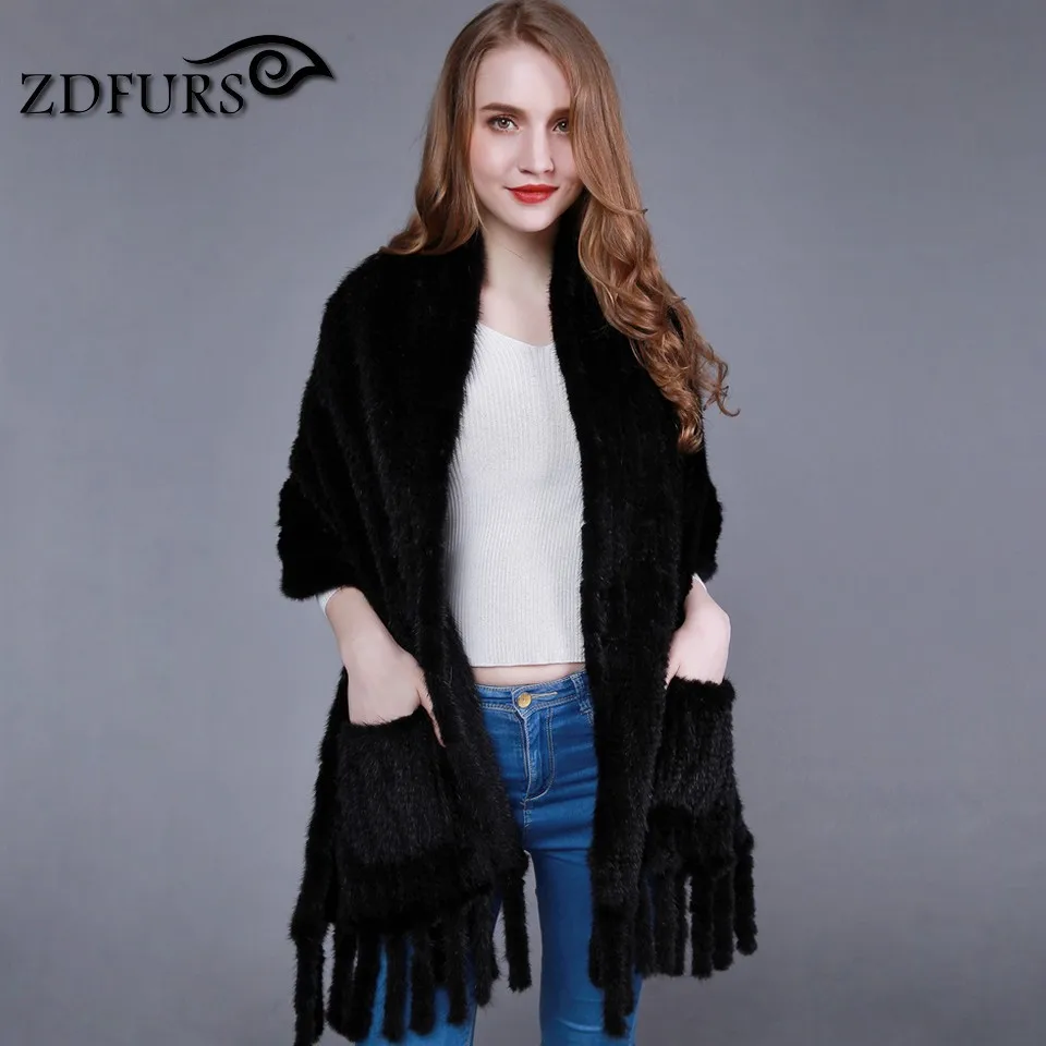 ZDFURS * Натуральная Вязаная Шаль из меха норки с карманом и бахромой норковая