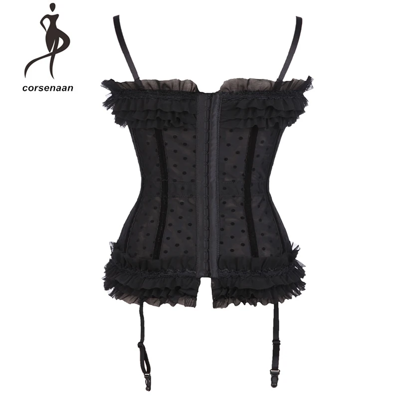 Кружевные корсеты готический черный горошек сетка Overbust Пуш ап бюстье Женское