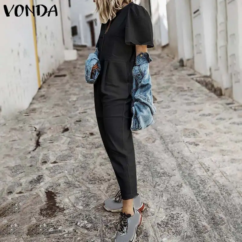 VONDA, летний женский комбинезон,, сексуальный, короткий рукав, на пуговицах, прямой, Повседневный, хлопок, комбинезон, OL, комбинезоны размера плюс