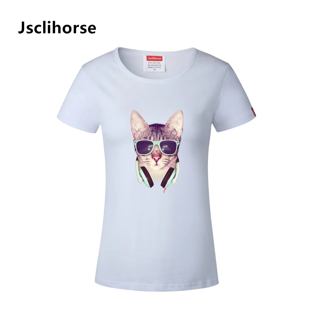 Jsclihorse Новинка 2017 года музыка кошка летняя рубашка из хлопка с круглым вырезом