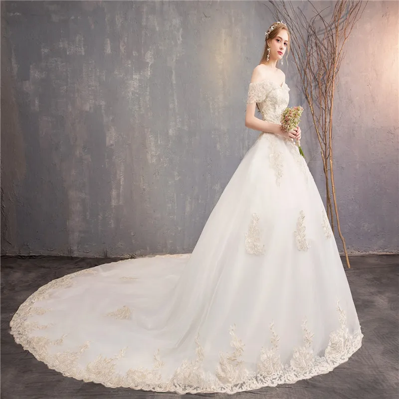 Robe De Mariee Grande Tail 2019 Новые Элегантные платья принцессы с открытыми плечами Vestido Novias