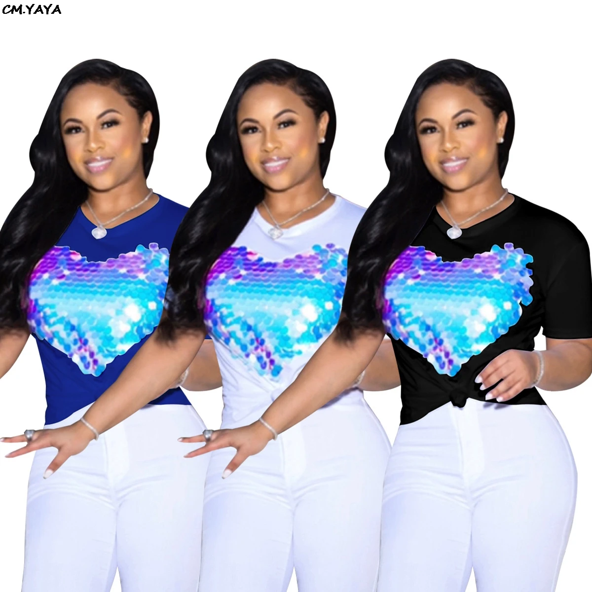 Женская футболка с круглым вырезом расшитая блестками коротким рукавом модная