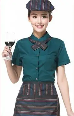 short sleeve Полный комплект, униформа официанта для ресторана, шапка+ рубашка+ фартук, униформа официантки для кофейни, мужская одежда для повара, для отеля, для пекарни, рабочая одежда 89 - Цвет: short sleeve