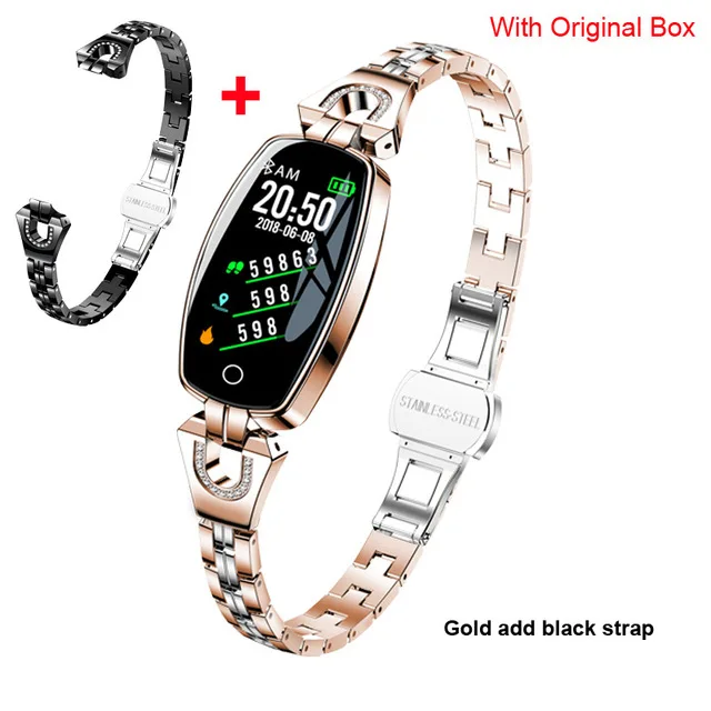 gold add black strap H8 Смарт-часы для женщин водонепроницаемый мониторинг сердечного ритма Bluetooth для Android IOS фитнес-браслет умные часы - Цвет: gold add black strap