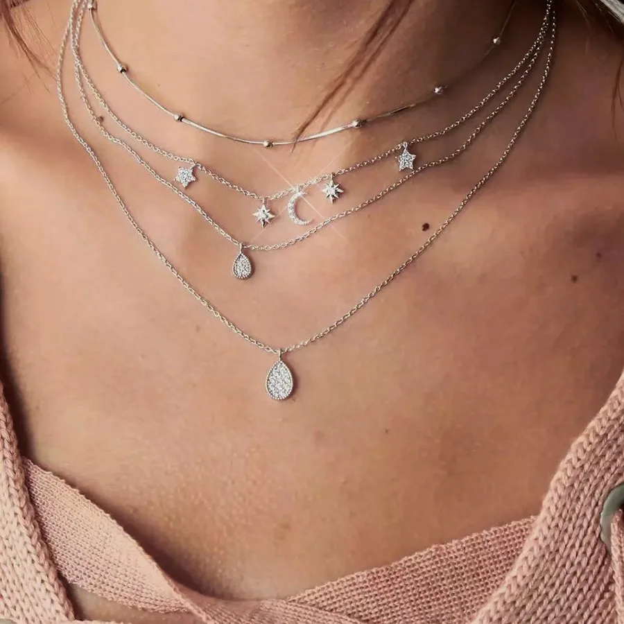 Колье Femme, серебряная цепочка, бохо, ожерелье s для женщин, Луна, капля воды, подвеска, ожерелье, ювелирное изделие, Ретро Кристалл, колье, аксессуары