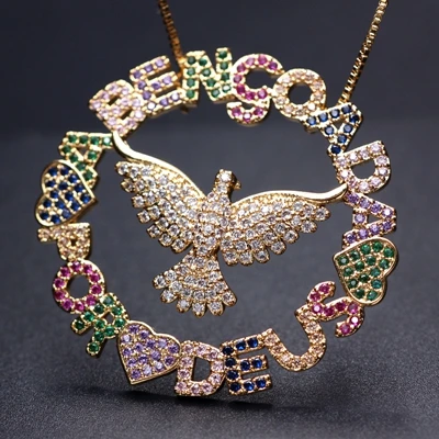 Colorful -gold Big round Pendant Necklaces Full Paved Colorful Cubic Zirconia Heart Letter Eagle Gold Chain women boho party Necklace Wholesale - Окраска металла: Colorful -gold