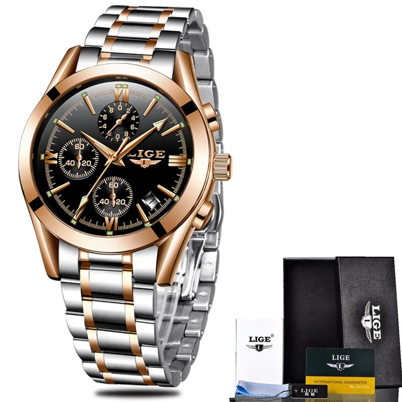 gold black steel Relogio Masculion мужские Топ люксовый бренд LIGE военные спортивные часы мужские кварцевые часы мужские полностью стальные повседневные деловые наручные часы - Цвет: gold black steel