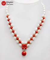 qingmos 7 8mm white rice natural 17 chokers pearl necklace for women red coral handwork weaving pendants necklace nec6189