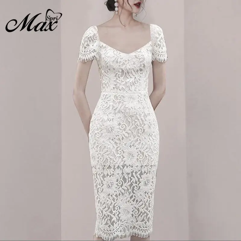 Женское кружевное платье-миди Max Spri Белое Облегающее вечернее платье с короткими