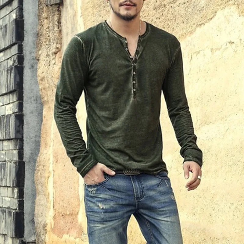 Мужские весенние Рубашки с v образным вырезом и длинными рукавами пуговицы для