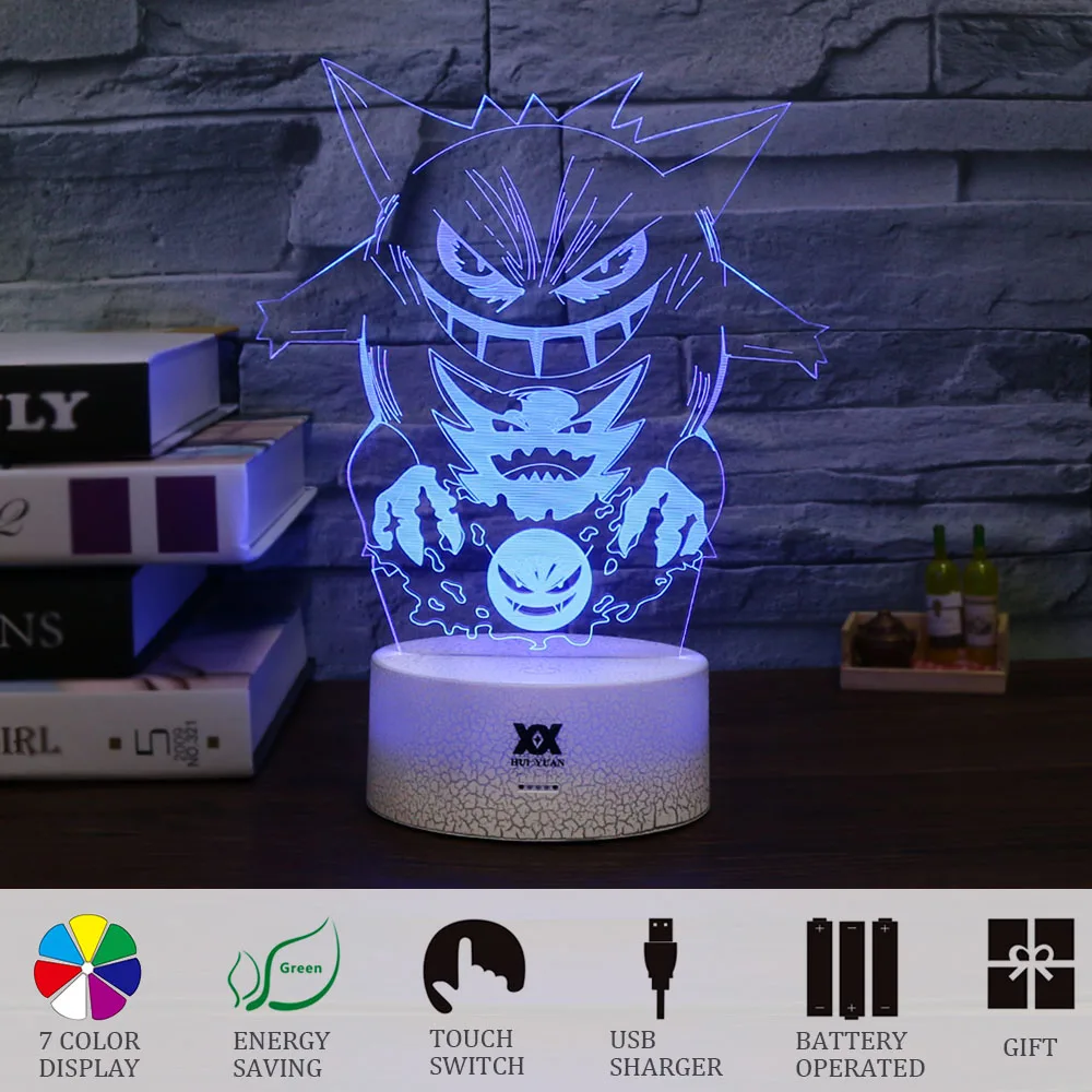 Покемон генгар, 3D лампы холодный Красочный светодиодный ночной Светильник USB Белый база мультфильм декоративные настольные лампы для детей Рождественский подарок