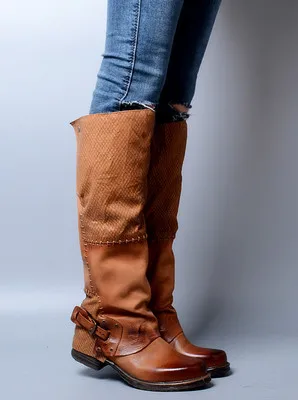 brown(leather in) Prova Perfetto Euramercian стиль Овцы натуральная кожа Лоскутные женские сапоги до колена Ретро дизайн сзади Пряжка ремешок рыцарские сапоги - Цвет: brown(leather in)