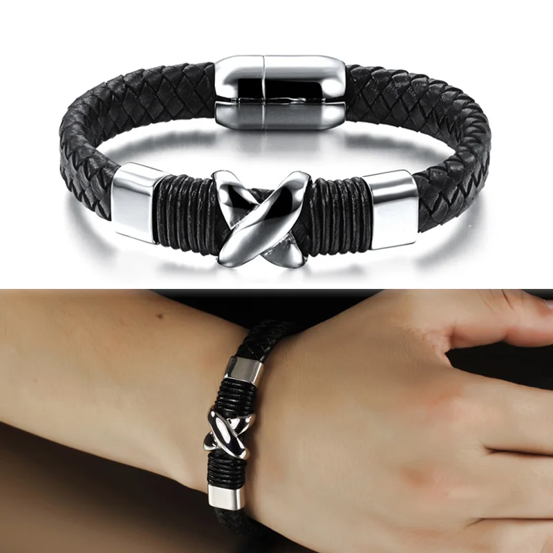 Ретро Модный кожаный браслет мужские ювелирные изделия из нержавеющей стали