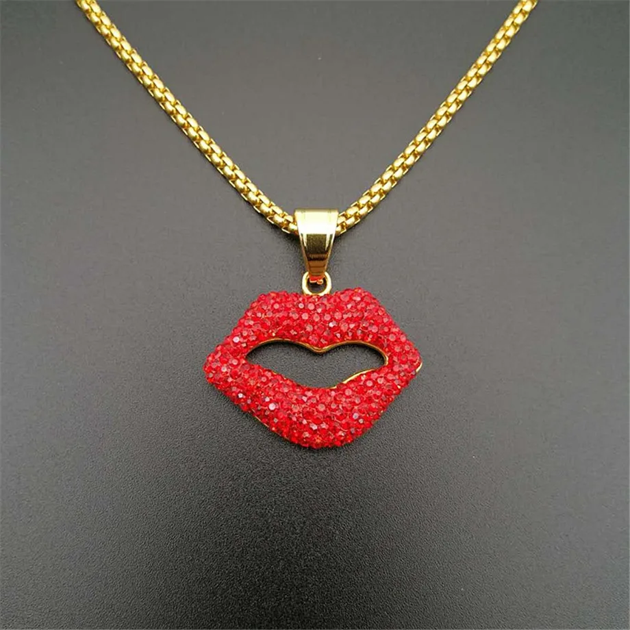 

Iced Out Red Lips Pendant Necklace Sexy Jewelry Gold Color Stainless Steel Box Chains For Women Hip Hop Party Gifts