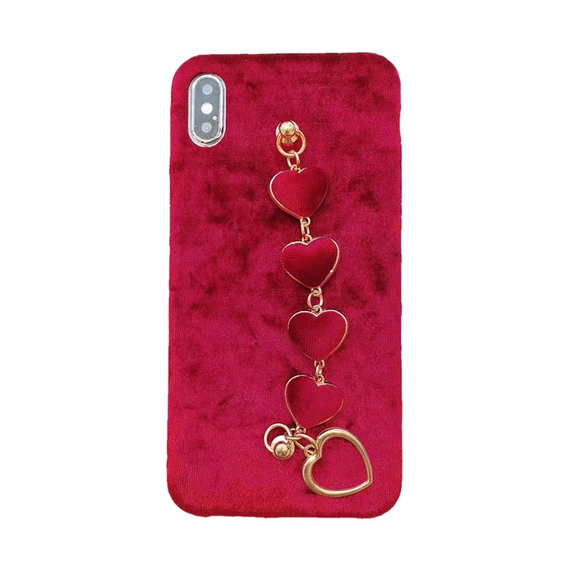 Red Warm Cloth Fur Phone Cases For iPhone X 7 8 6 6S Plus Love Heart Hand Strap Back Cover iPhoneXs Xr Xsmax | Мобильные телефоны и