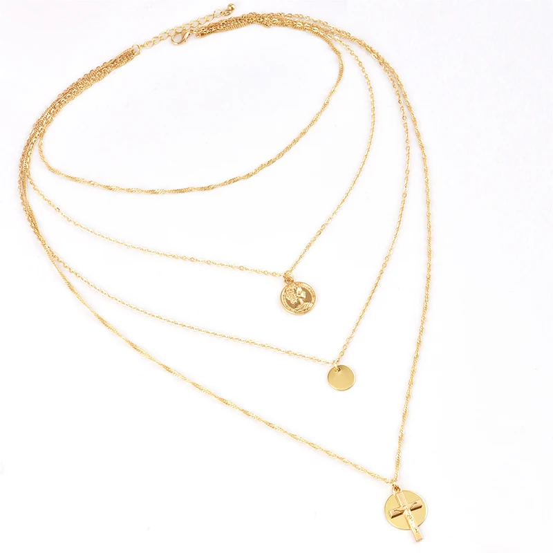 Богемское женское колье с круглым подвеском, вырезанным из креста Иисуса, на цепочке для ключицы. Набор из нескольких слоев золотистого цвета с персональным стилем.