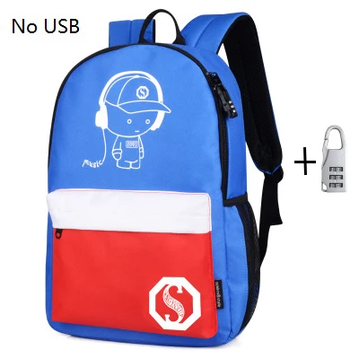 Blue white no USB Модные рюкзаки для студентов, светящиеся анимационные школьные сумки для мальчиков и девочек-подростков, USB зарядка для компьютера, противоугонная сумка для ноутбука - Цвет: Blue white no USB